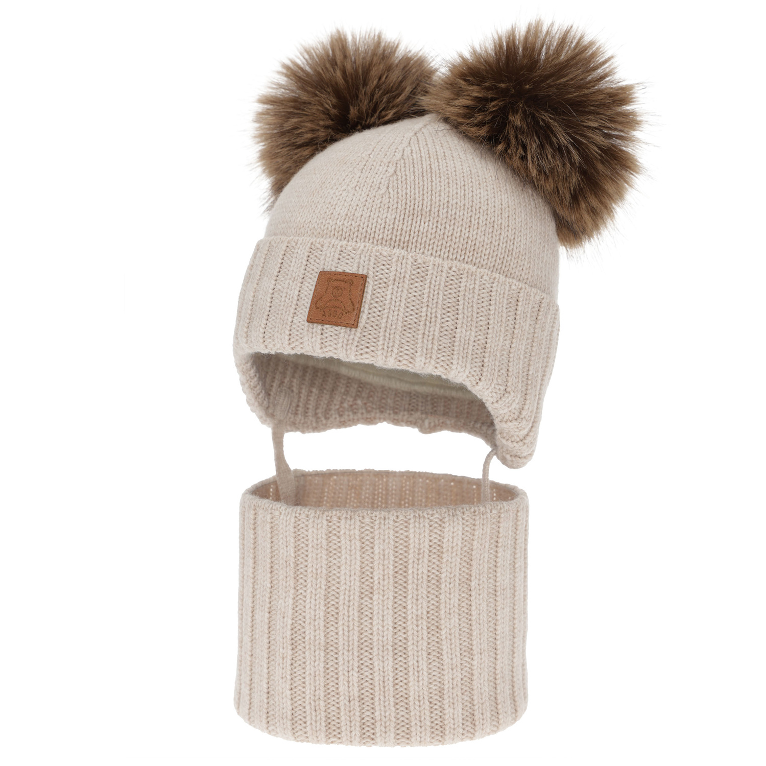 Ensemble bonnet et tour de cou garçon, hiver, beige clair, 100% laine mérinos, doublé polaire laine, Ronik