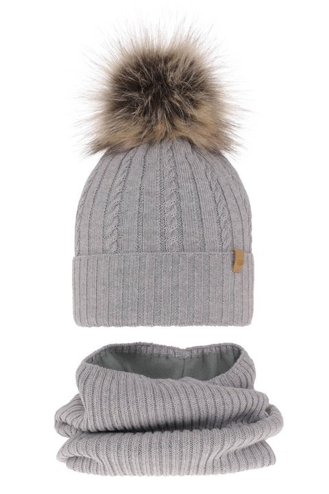 Ensemble d'hiver fille: bonnet et snood, gris, avec laine mérinos, Mirabel