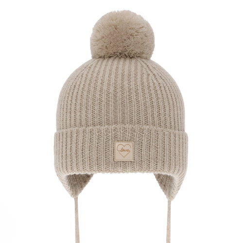 Bonnet d'hiver fille, beige, avec pompon, avec laine mérinos, doublé de polaire, avec liens, Havana