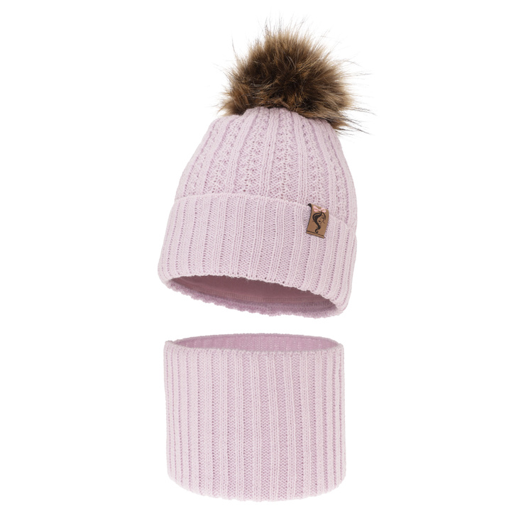 Ensemble d'hiver fille: bonnet et snood, lilas, avec pompon, Larina