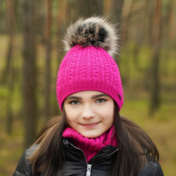 Ensemble d'hiver fille: bonnet et snood, rose, avec pompon, Rima