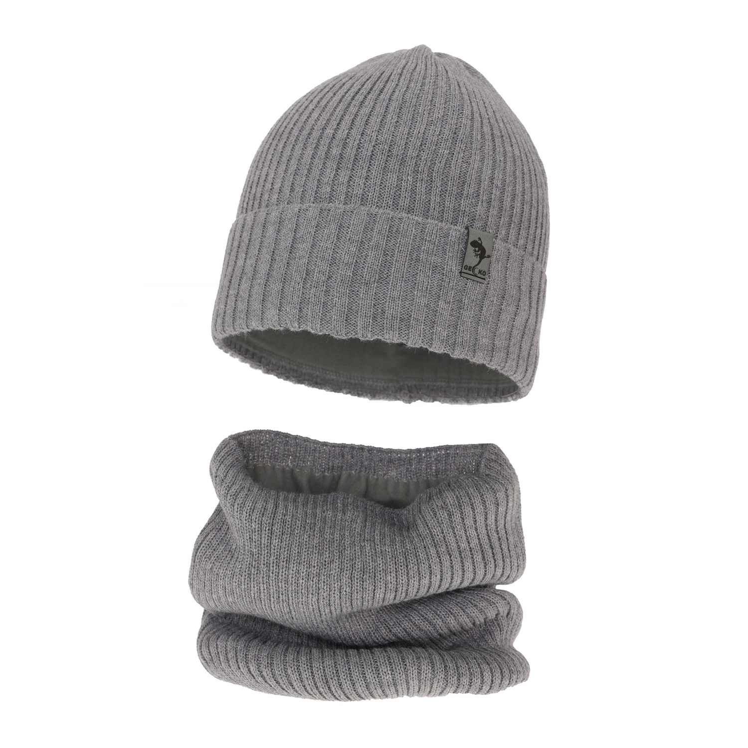Ensemble d'hiver garçon: bonnet et snood, gris clair, avec laine mérinos, Gecko