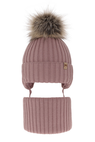 Ensemble d'hiver fille: bonnet et snood, violette, avec liens, avec pompon, Louisa