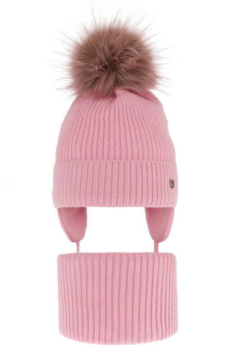 Ensemble d'hiver fille: bonnet et snood, rose, avec pompon, avec liens, Debra