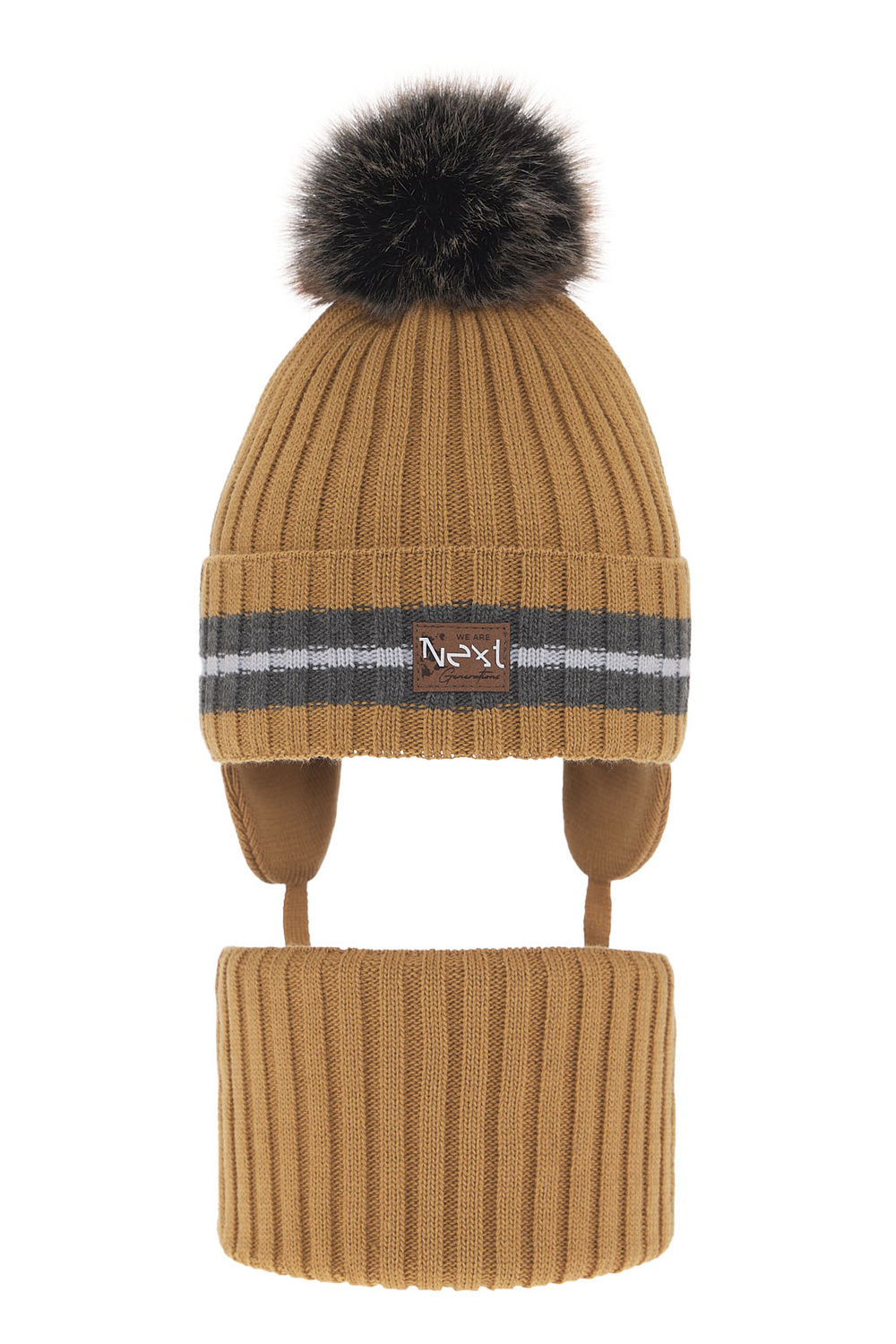Ensemble d'hiver garçon: bonnet et snood, camel, avec pompon, avec liens, Echo