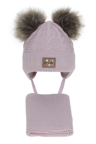 Ensemble d'hiver fille: bonnet et écharpe, lilas, avec deux pompons, avec fil brillant, wiązany Klarita