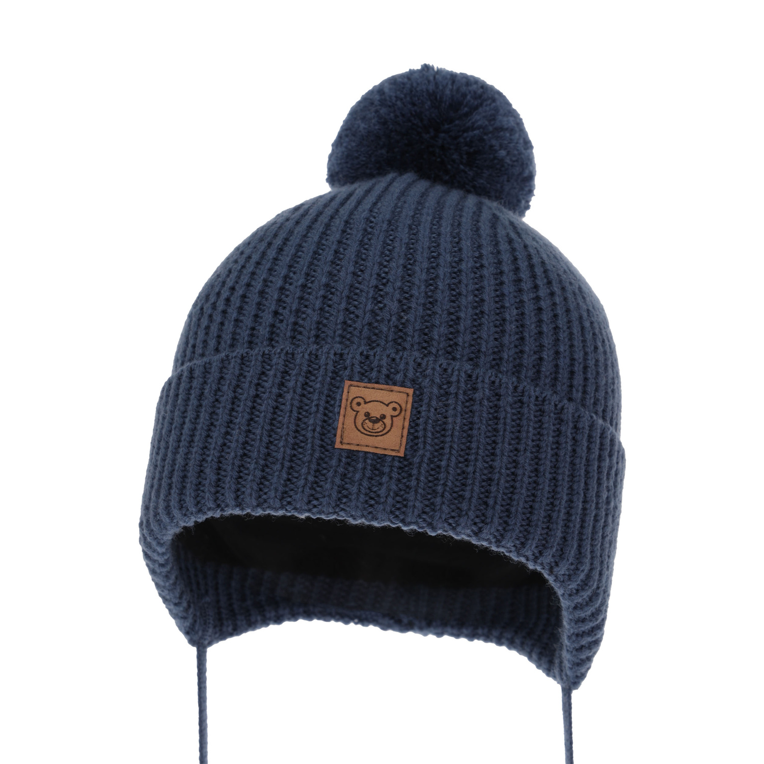 Bonnet d'hiver garçon, bleu marine, avec laine mérinos, doublé de polaire, avec liens, Tofik