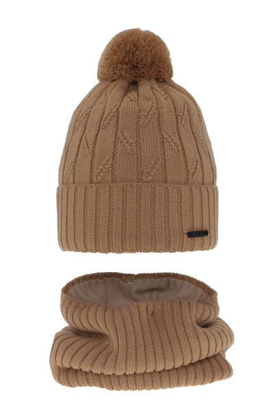 Ensemble d'hiver garçon: bonnet et snood, camel, avec pompon, avec laine mérinos, Talar