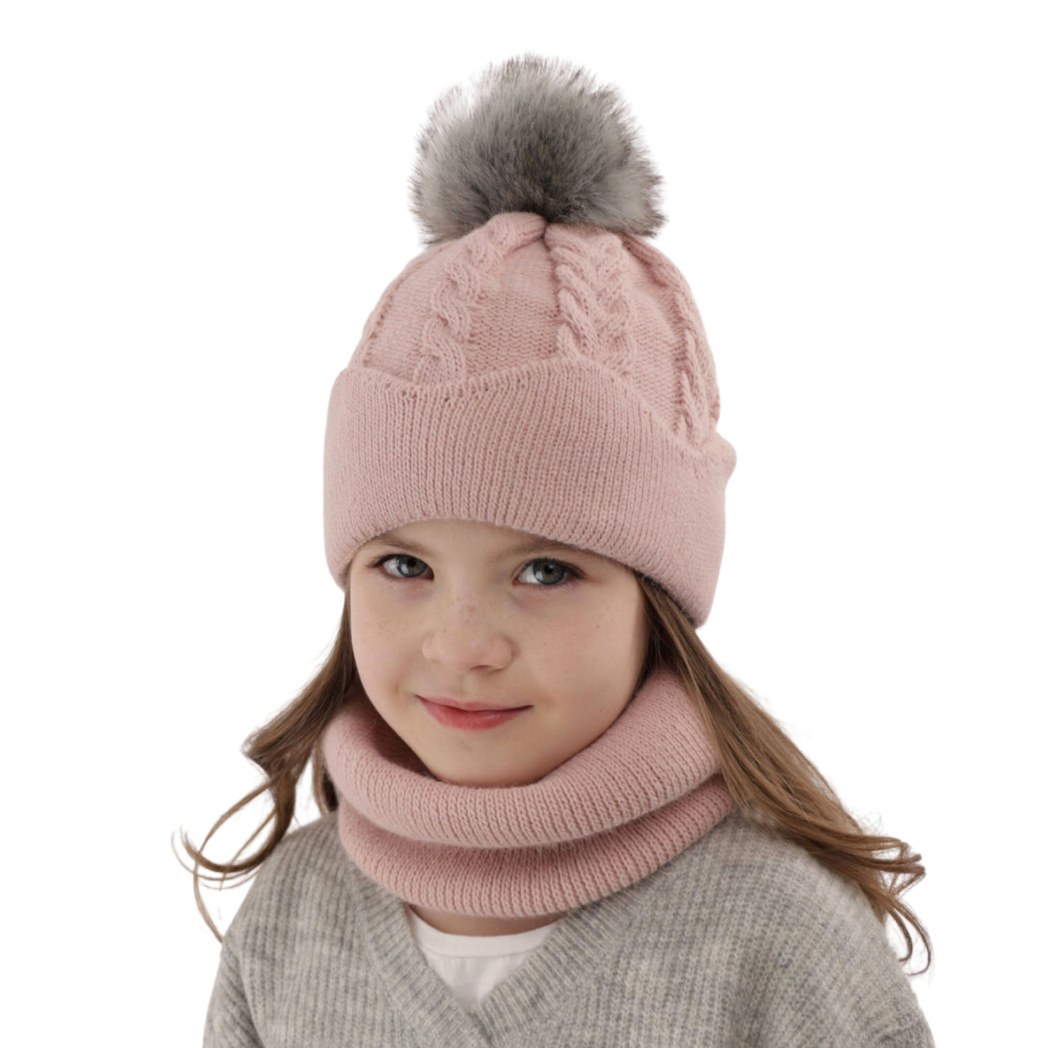 Ensemble d'hiver fille: bonnet et snood, rose, avec pompon, Etula