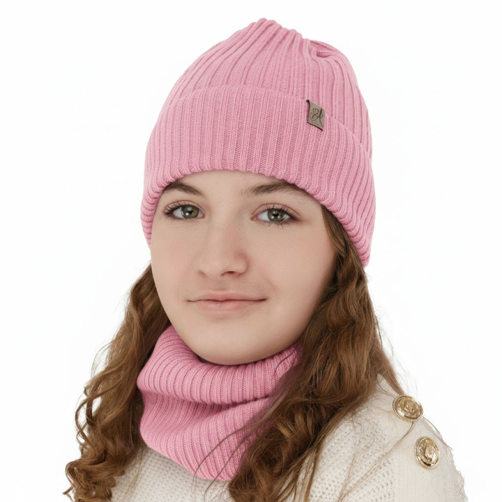 Ensemble d'hiver fille: bonnet et snood, rose, avec laine mérinos, Patricia