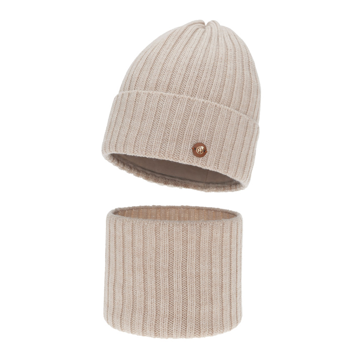 Ensemble d'hiver fille: bonnet et snood, beige, 100% laine mérinos, doublé de coton, Vanira