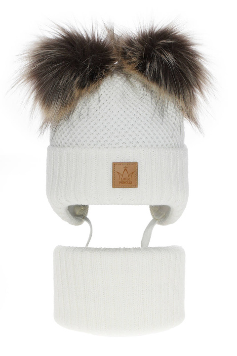 Ensemble d'hiver fille: bonnet et snood, blanc, avec deux pompons, Minsi