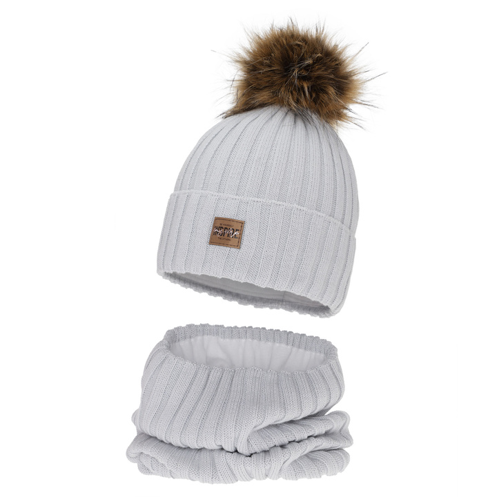 Ensemble d'hiver fille: bonnet et snood, gris, doublé polaire, avec laine mérinos, Bellina