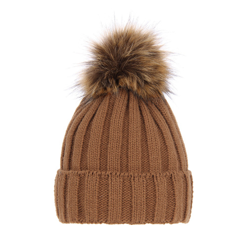 Bonnet d'hiver femme, camel, avec pompon, Mokka