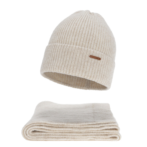 Ensemble d'hiver femme: bonnet et écharpe, jasnobeżowy, avec laine mérinos, Seala