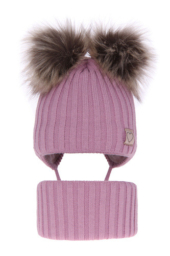 Ensemble d'hiver fille: bonnet et snood, violet, avec deux pompons, avec liens, Telisa