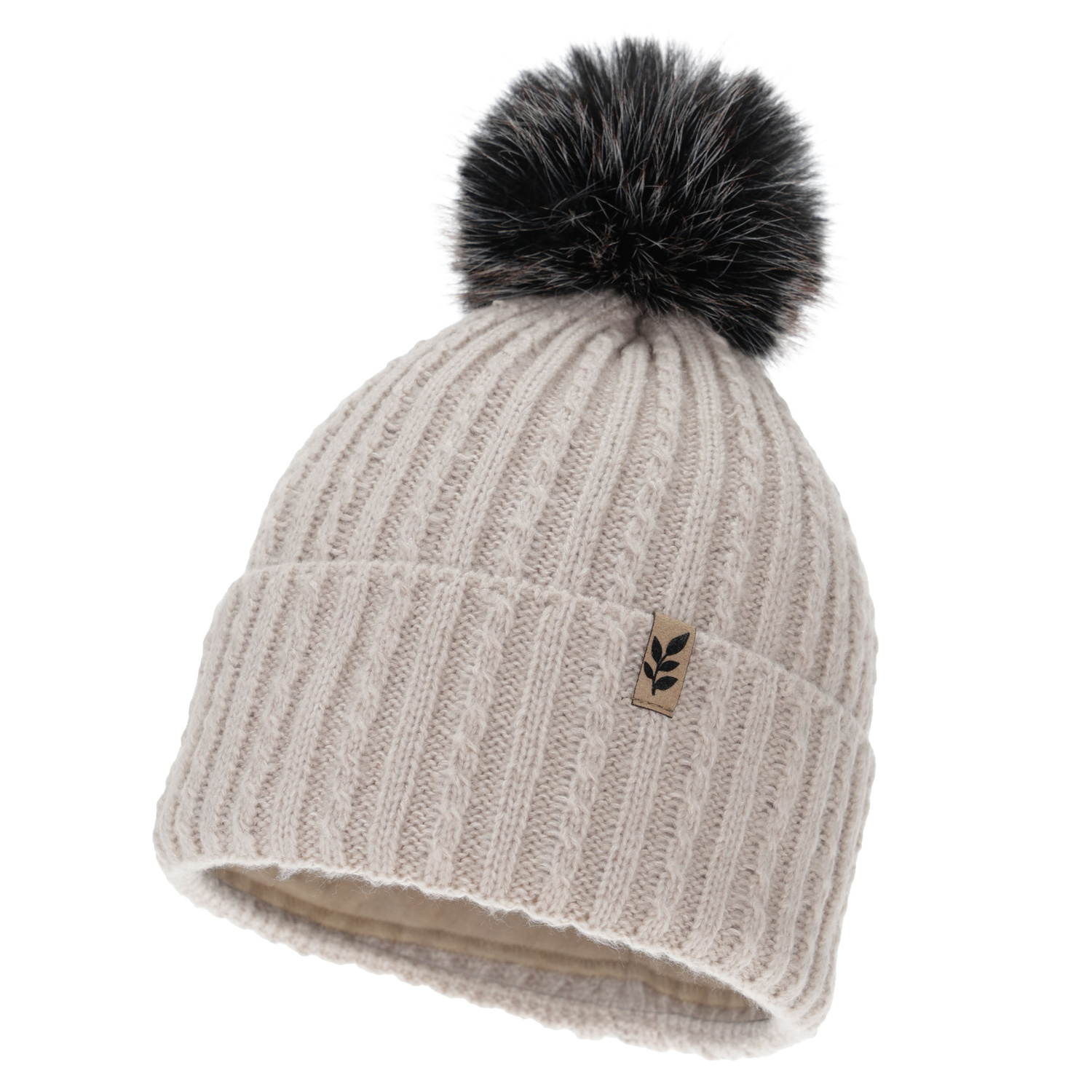 Bonnet d'hiver femme, beige, avec pompon, Calista