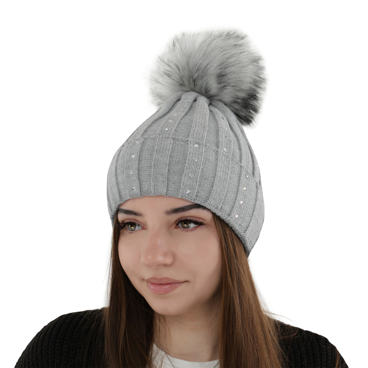 Bonnet d'hiver femme, gris, avec pompon, Mada