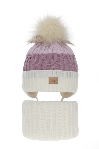 Ensemble d'hiver fille: bonnet et snood, crème, avec pompon, Riviera