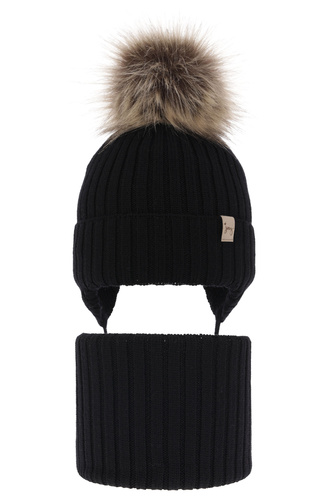 Ensemble d'hiver fille: bonnet et snood, noir, avec liens, avec laine mérinos, Junika
