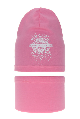 Ensemble automne/printemps fille: bonnet et snood, rose, en coton, Esmeralda