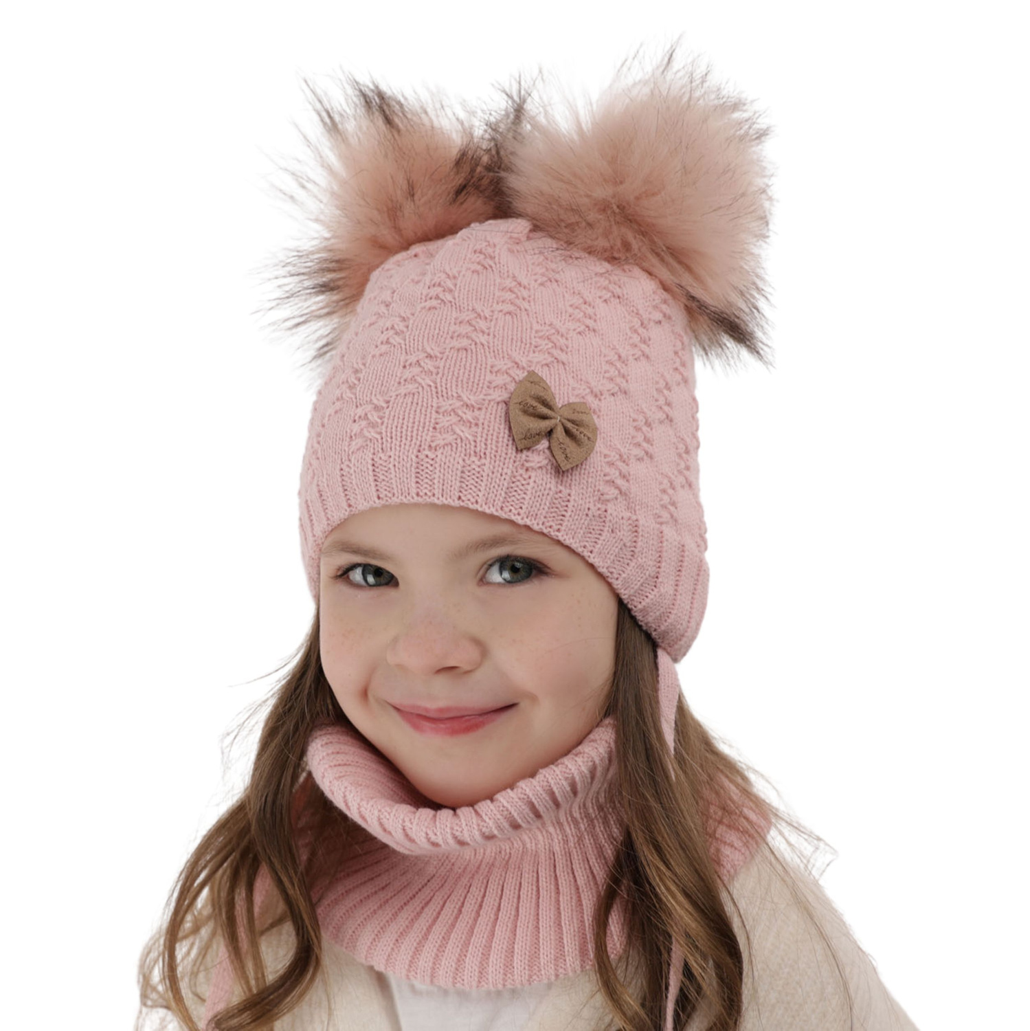 Ensemble d'hiver fille: bonnet et snood, rose, avec deux pompons, avec liens, Bettina