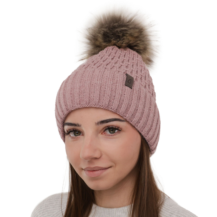 Bonnet d'hiver femme, rose, avec pompon, Gaba