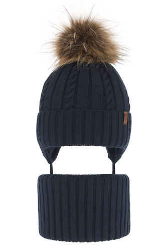 Ensemble d'hiver garçon: bonnet et snood, bleu marine, avec pompon, Peter