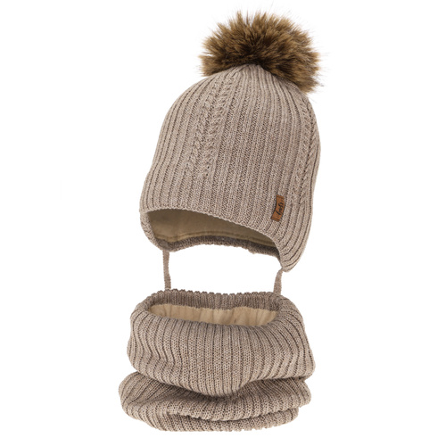 Ensemble d'hiver garçon: bonnet et snood, brun foncé, avec laine mérinos, avec liens, Zongo