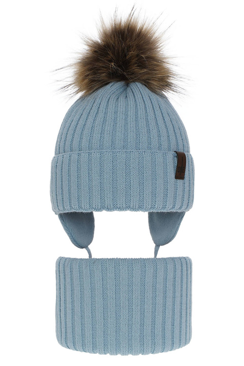 Ensemble d'hiver garçon: bonnet et snood, bleu, avec pompon, Puzel