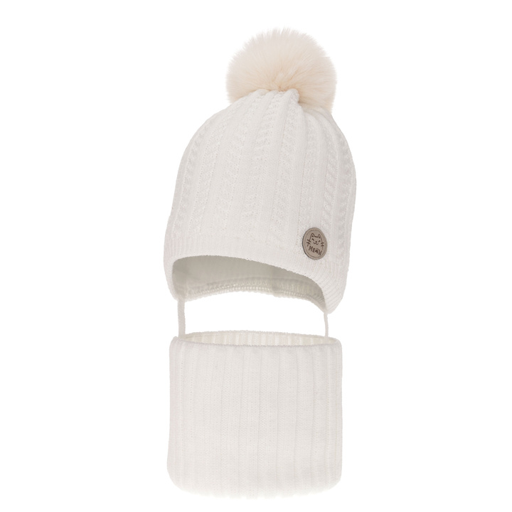 Ensemble d'hiver fille: bonnet et snood, blanc, avec pompon, Kenta