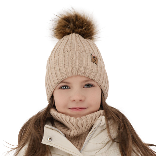 Ensemble d'hiver fille: bonnet et snood, noir, avec pompon, Larina