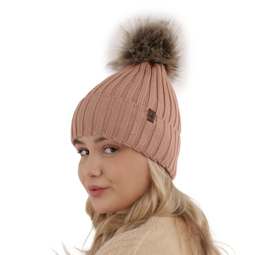 Bonnet d'hiver femme, hiver, rose, avec laine mérinos, Texa