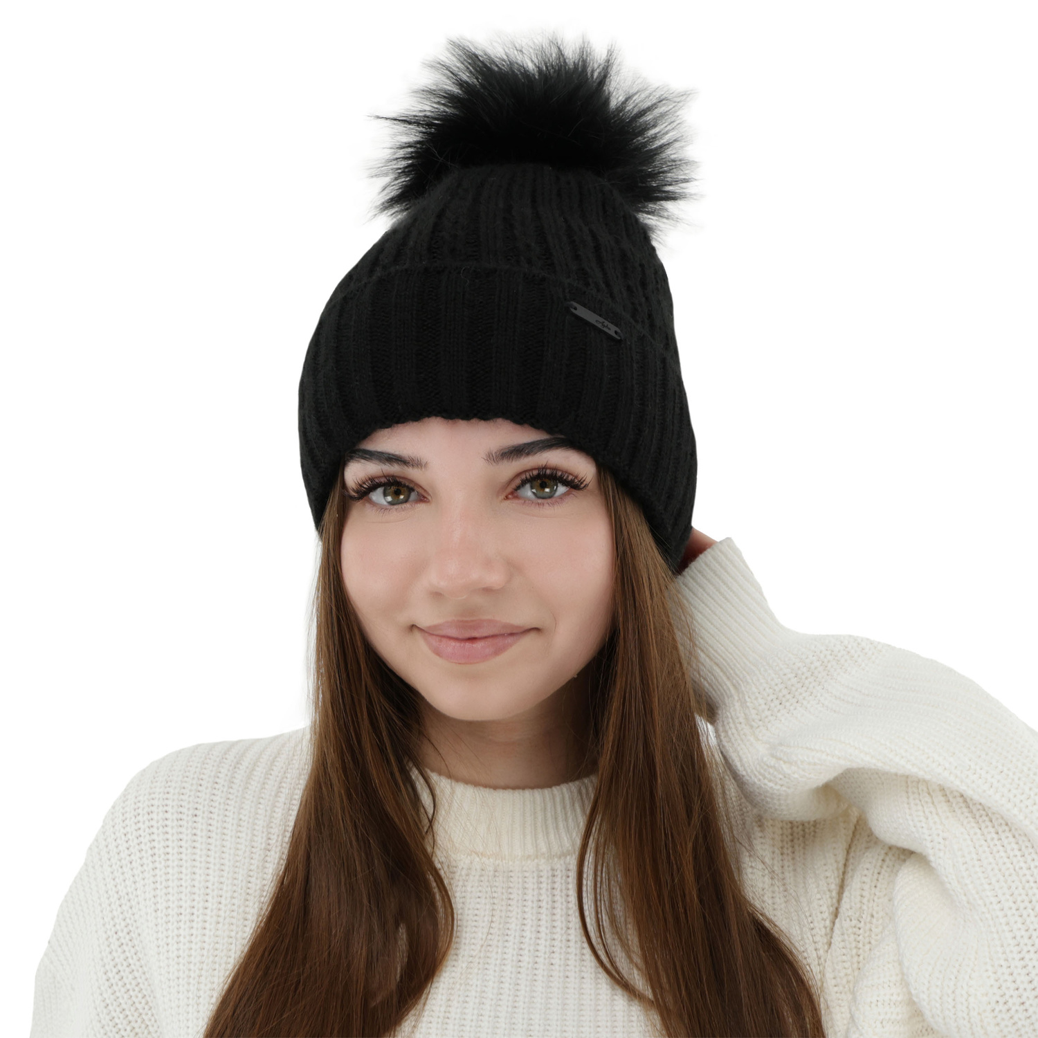 Bonnet d'hiver femme, bordé, avec pompon, Karizma