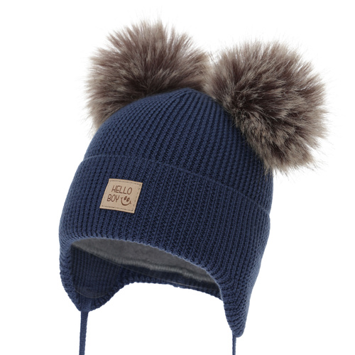 Bonnet d'hiver garçon, bleu marine, 100% Laine Mérinos, doublé de polaire en laine, Tambor