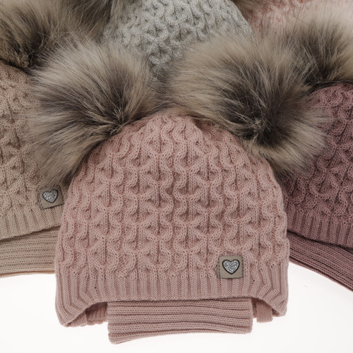 Ensemble d'hiver fille: bonnet et snood, blanc, avec deux pompons, avec liens, Poliana