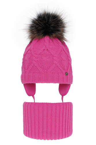 Ensemble d'hiver fille: bonnet et snood, rose, avec pompon, Elena