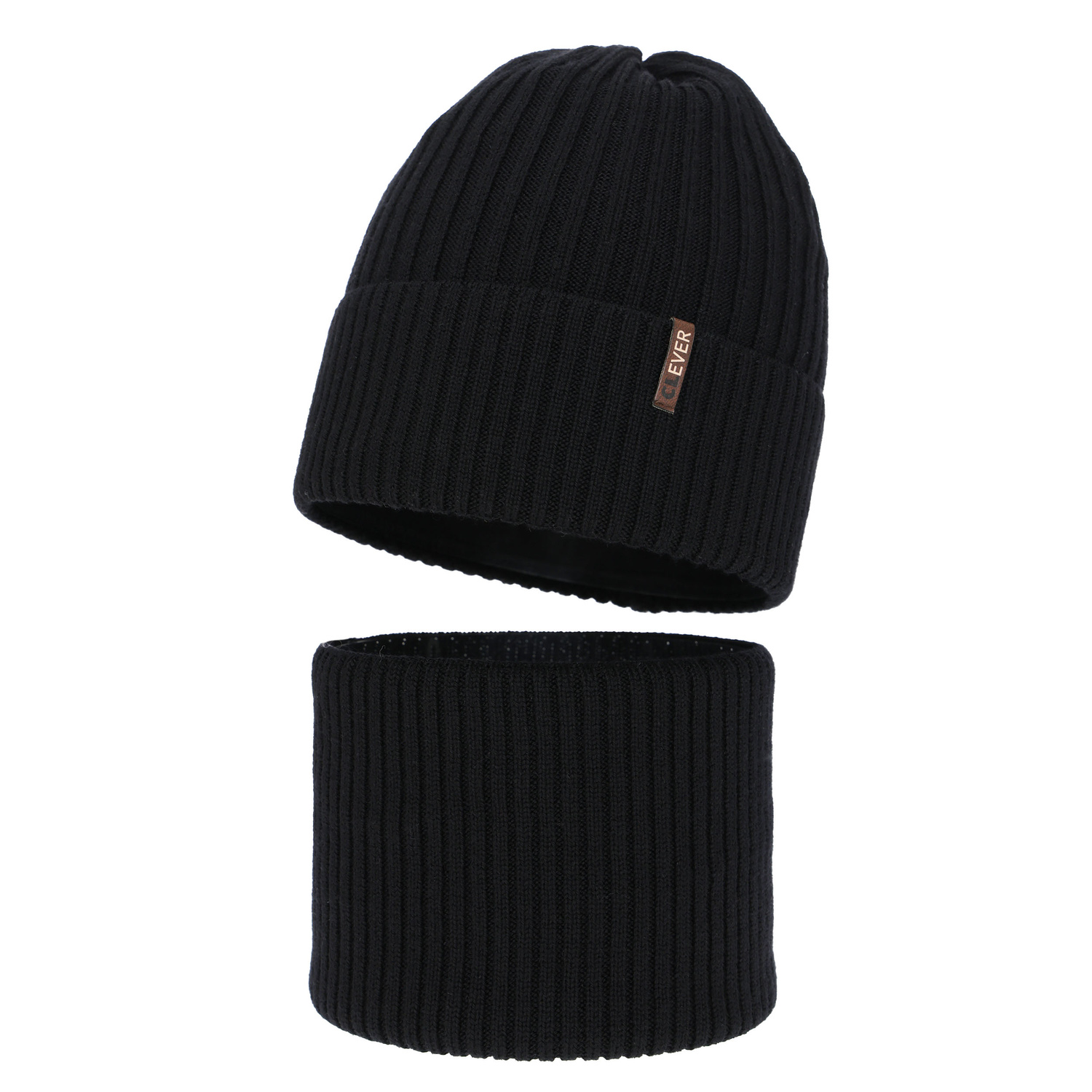 Ensemble d'hiver garçon: bonnet et snood, noir, avec laine mérinos, Gizmo