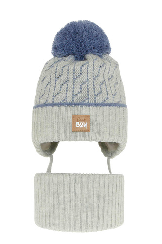 Ensemble d'hiver garçon: bonnet et snood, gris, avec pompon, Pikolo