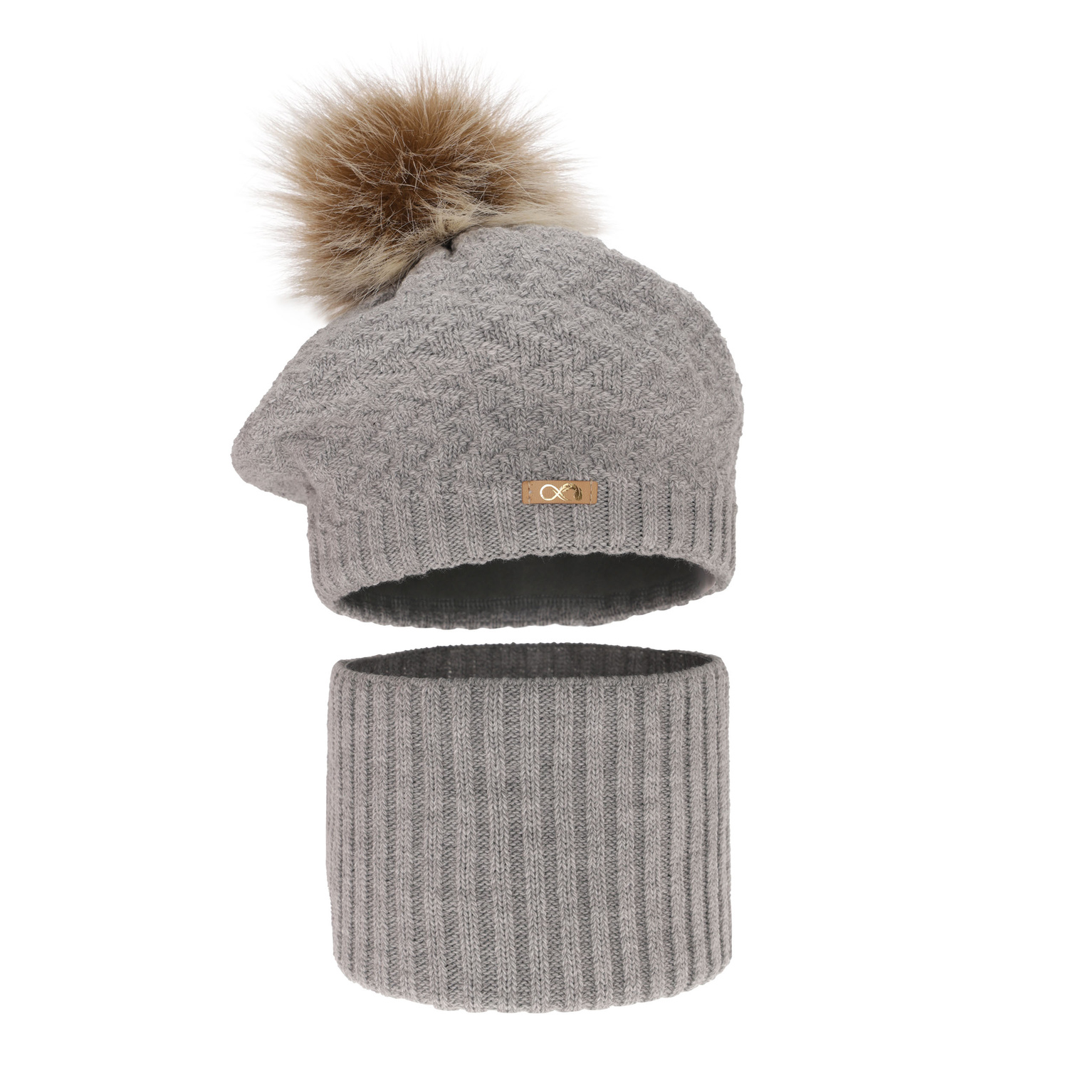 Ensemble d'hiver fille: béret et snood, gris, avec pompon, Atene
