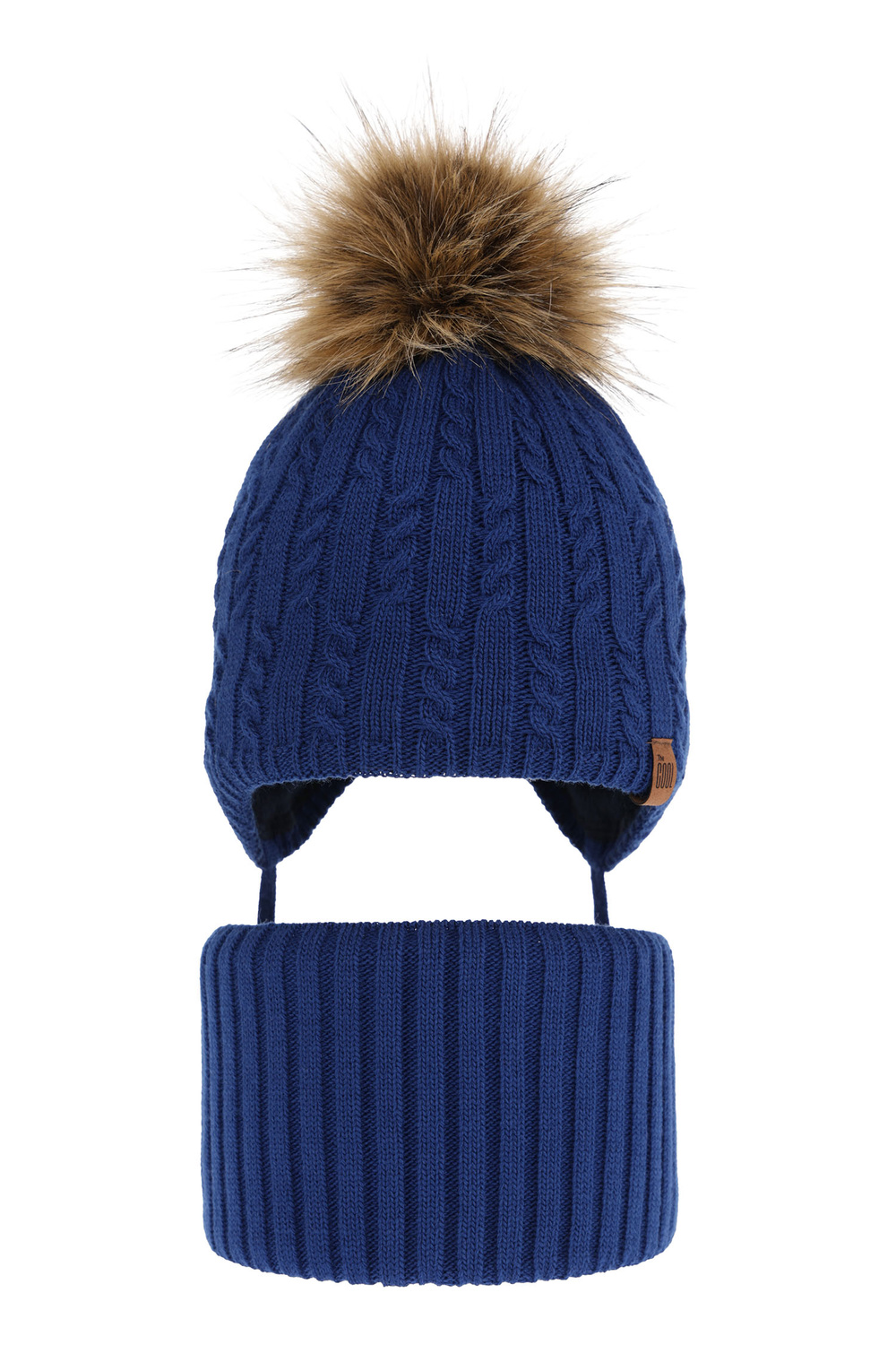 Ensemble d'hiver garçon: bonnet et snood, bleu foncé, avec pompon, avec liens, Indigo
