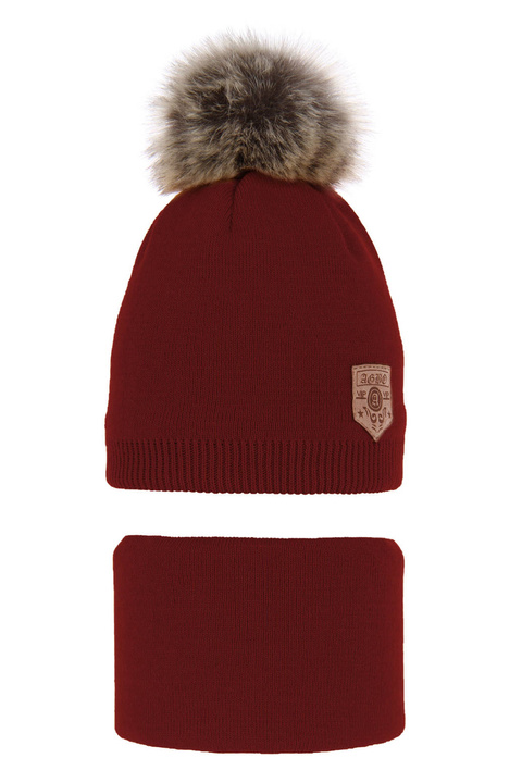 Ensemble d'hiver garçon: bonnet et snood, bordéau, avec pompon, Apolin