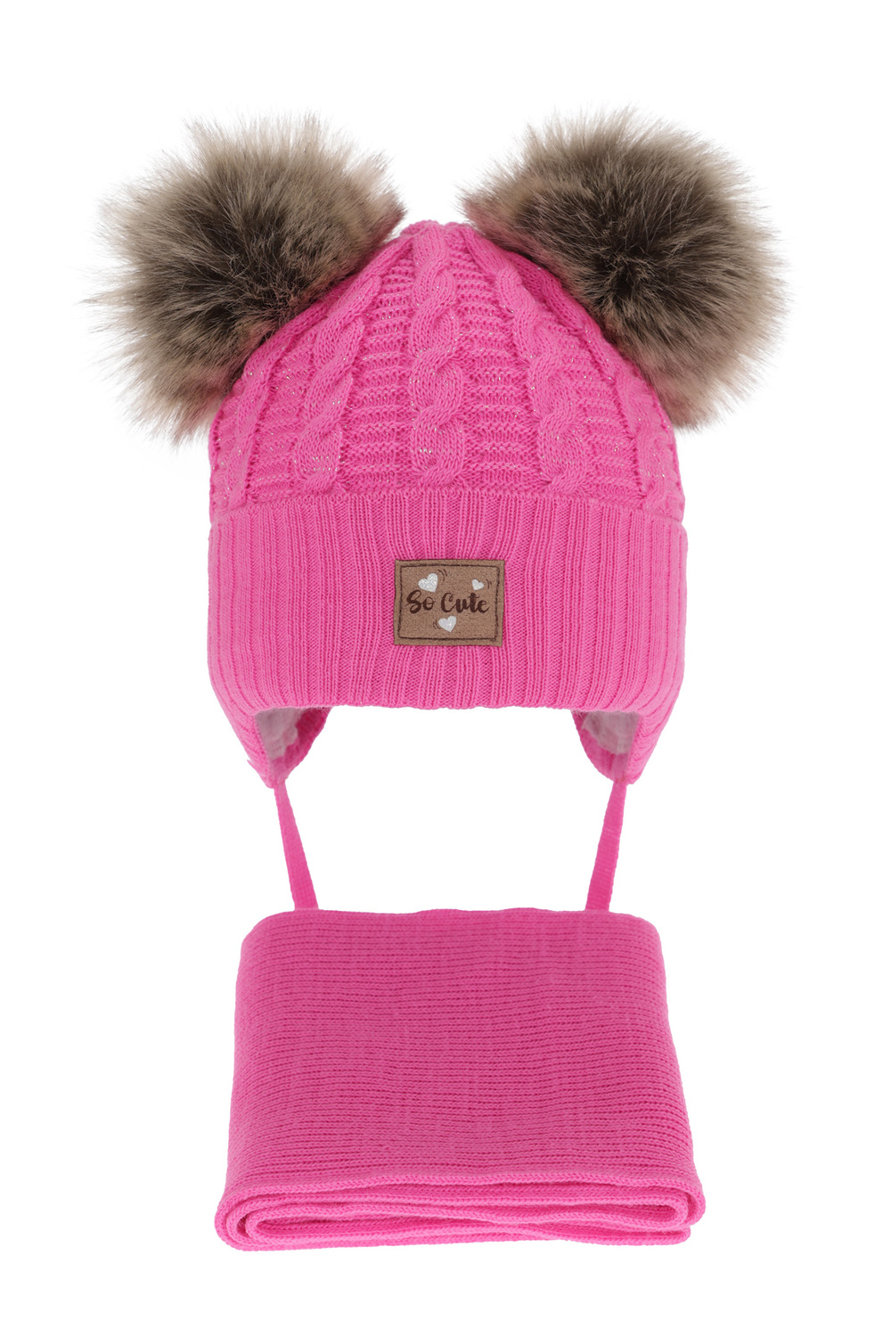 Ensemble d'hiver fille: bonnet et écharpe, rose, avec deux pompons, avec fil brillant, Klarita