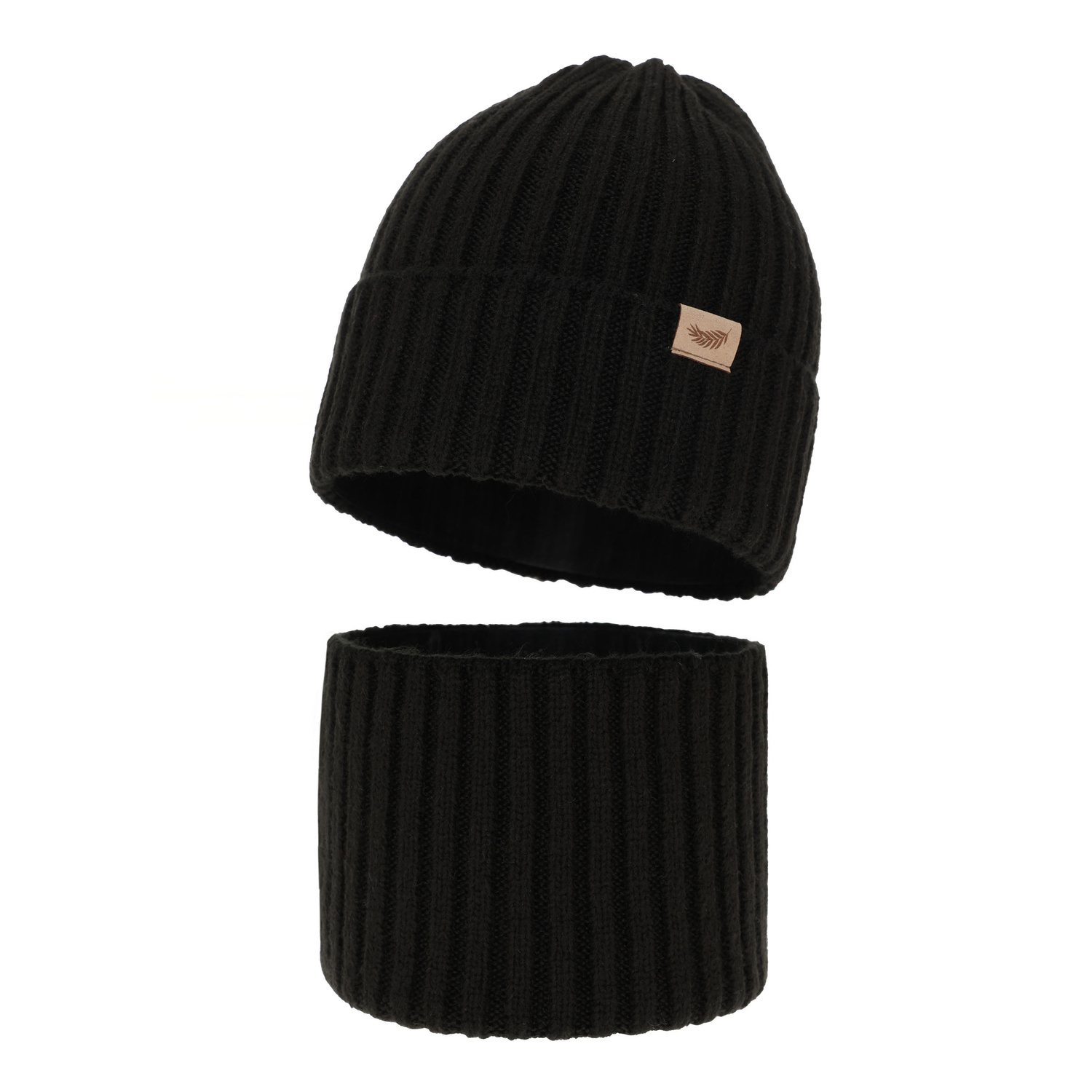 Ensemble d'hiver fille: bonnet et snood, noir, avec laine mérinos, Karmina