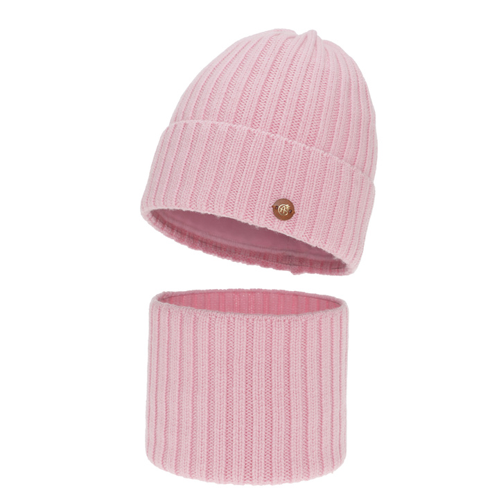 Ensemble d'hiver fille: bonnet et snood, rose, 100% laine mérinos, doublé de coton, Vanira