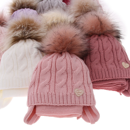 Ensemble d'hiver fille: bonnet et écharpe, rose, avec pompon, Morena