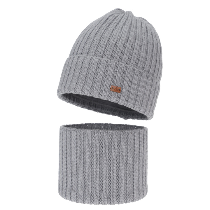 Ensemble d'hiver garçon: bonnet et snood, gris clair, 100% laine mérinos, Umberto