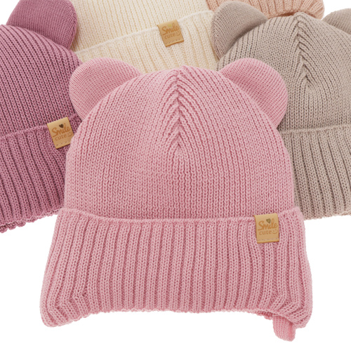 Bonnet d'hiver fille, rose, avec liens, avec laine mérinos, Shira