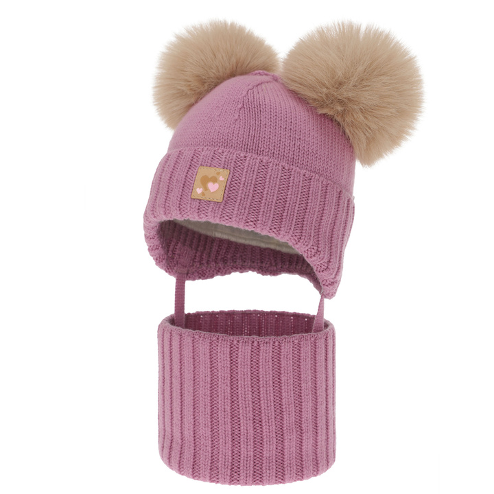 Ensemble bonnet et tour de cou fille, hiver, violet, 100% laine mérinos, doublé polaire laine, Ronia