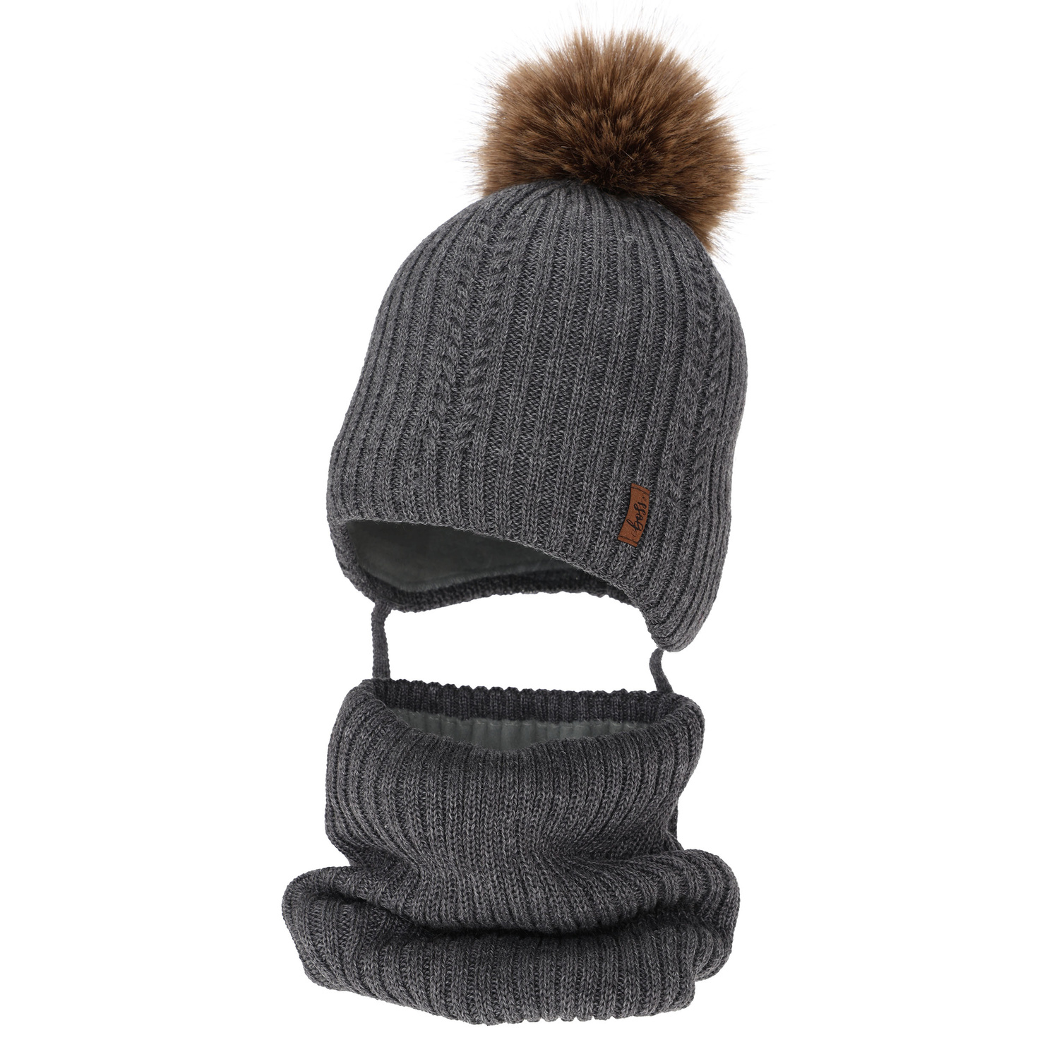 Ensemble d'hiver garçon: bonnet et snood, gris foncé, avec laine mérinos, avec liens, Zongo